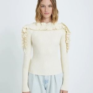 NEW! 7 for All Mankind Ruffle Trim Ribbed Long Sleeve Top in Antique White $248